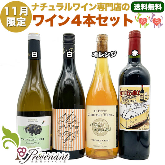 ナチュラルワイン 【 月替わり 11月限定 4本 セット 】（750ml×4） 白 オレンジ 赤 ワイン ワインセット ＆ 自然派ワイン を楽しむための プレヴナン オリジナル小冊子 ギフト 期間限定 ホームパーティ 酸化 防止 剤 不 使用