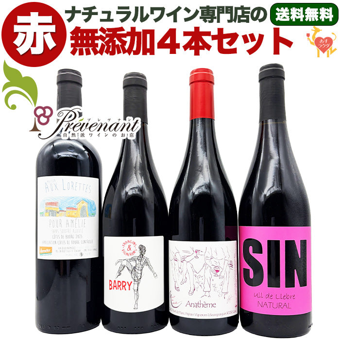 【 無添加 】 ナチュラルワイン 【 赤ワイン ４本 セット 】（750ml×4） ワインセット 赤 ワイン 無添加ワイン ＆ 自然派ワイン を楽しむための プレヴナン オリジナル小冊子 ギフト 期間限定 ホームパーティ 酸化 防止 剤 不 使用