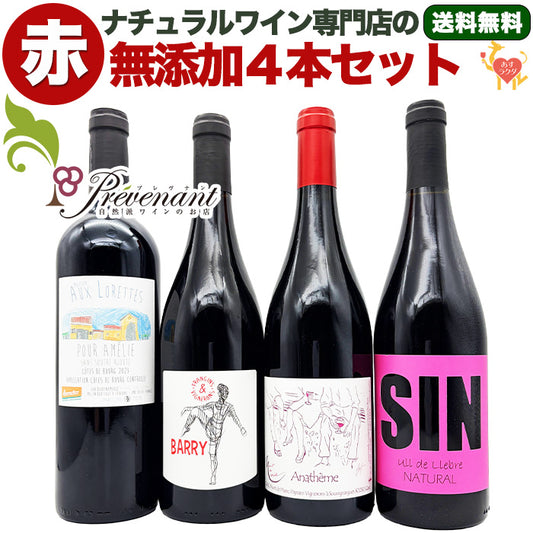 【 無添加 】 ナチュラルワイン 【 赤ワイン ４本 セット 】（750ml×4） ワインセット 赤 ワイン 無添加ワイン ＆ 自然派ワイン を楽しむための プレヴナン オリジナル小冊子 ギフト 期間限定 ホームパーティ 酸化 防止 剤 不 使用